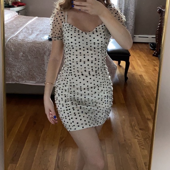 PLT Polka Dot Puff Sleeve Mesh Ruched Mini Dress - Picture 5 of 5